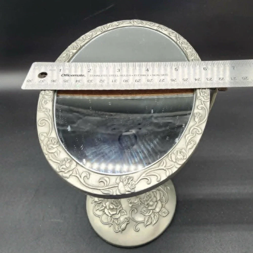 Unbranded Vintage Floral Rose Oval Swivel Vanity Mirror Pewter Silver Tabletop